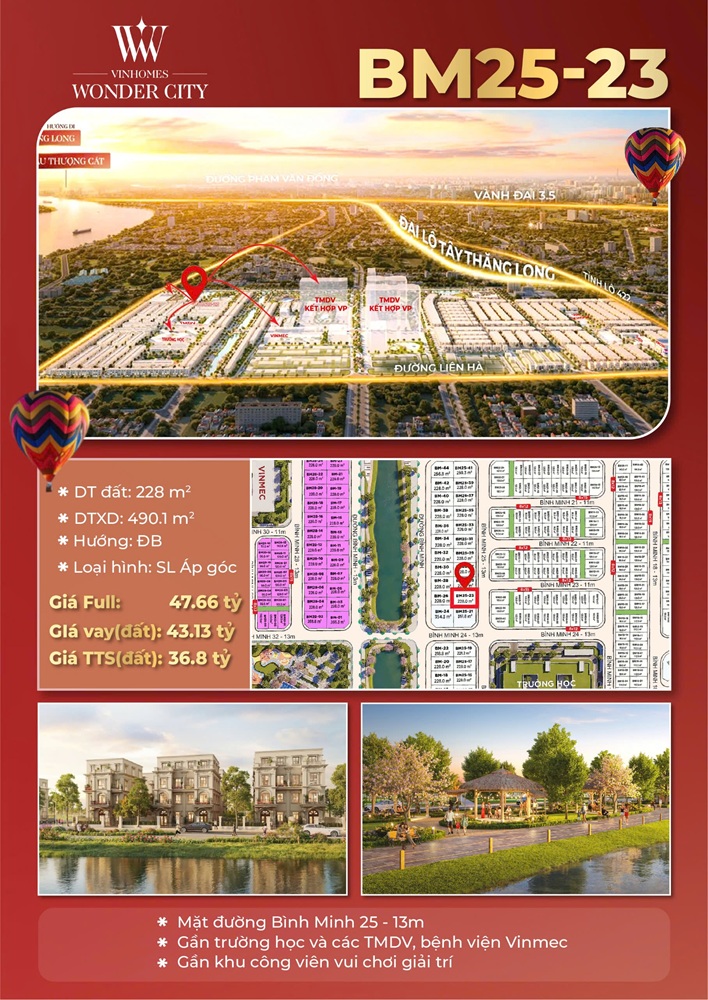 Biệt thự song lập áp góc Bình Minh BM25-23 Vinhomes Wonder City Đan Phượng