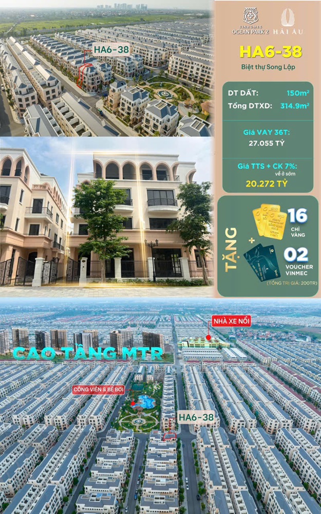 Bán biệt thự Hải Âu 6 căn 38 DT 150m2 Vinhomes Ocean Park 2 The Empire Hưng Yên