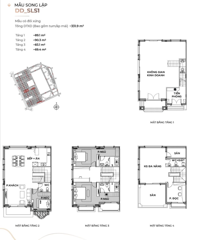 Layout biệt thự song lập San Hô Vinhomes Ocean Park 2